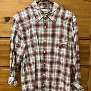 Red and navy blue plaid button down size L